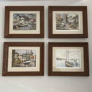 4 Vintage Lionel Barrymore Coastal Nautical Foiled Etchings Art prints Framed